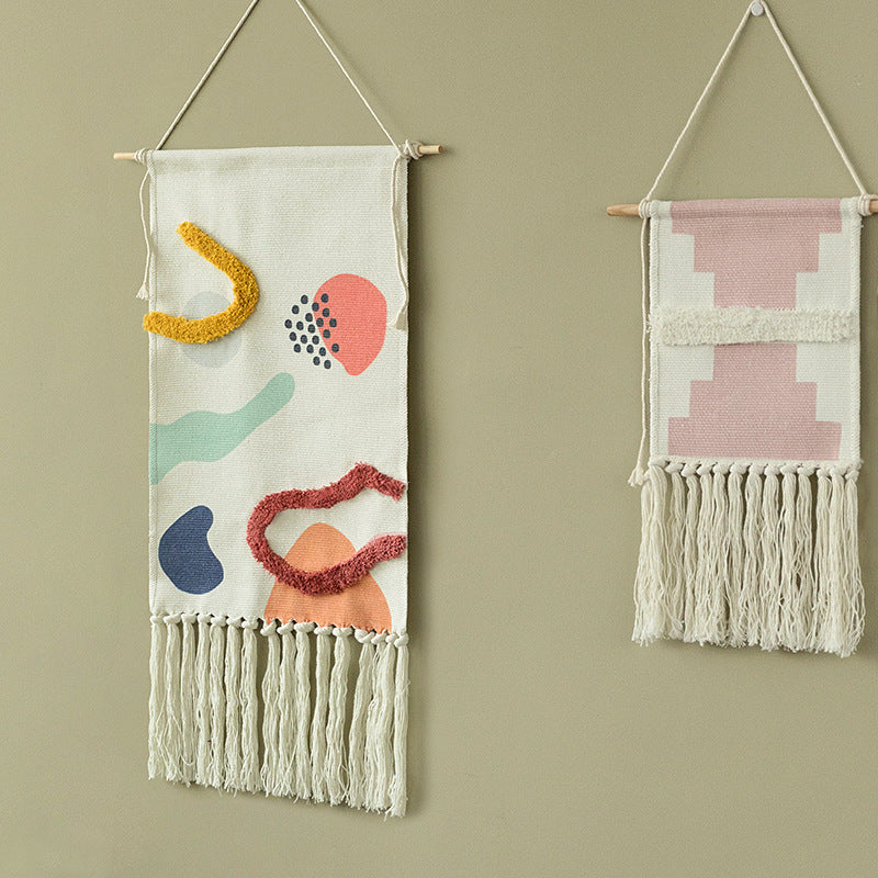 Hand-woven wall hanging and table runner made of cotton blend with geometric staircase pattern and long fringes Stornfield