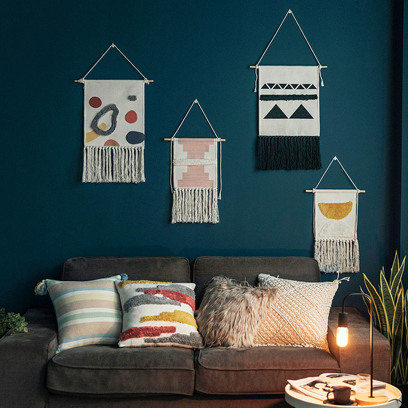 Hand-woven wall hanging and table runner made of cotton blend with geometric staircase pattern and long fringes Stornfield