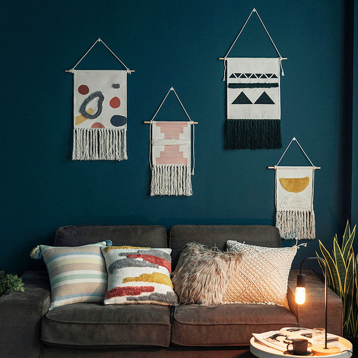 Hand-woven wall hanging and table runner made of cotton blend with geometric staircase pattern and long fringes Stornfield