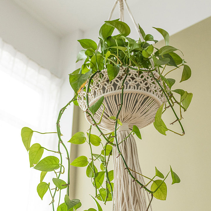 Macrame plant hanger made of cotton rope with tassels and adjustable suspension Stornfield