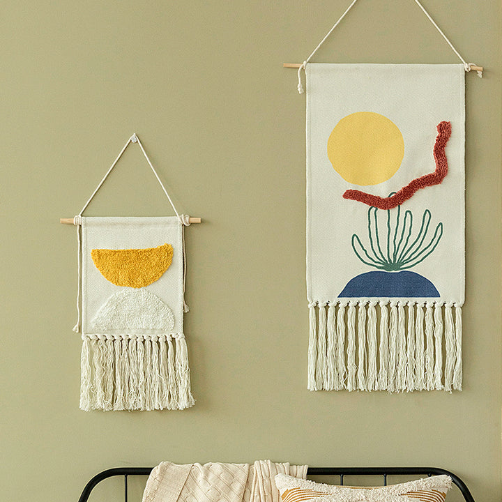 Hand-woven wall hanging and table runner made of cotton blend with geometric staircase pattern and long fringes Stornfield