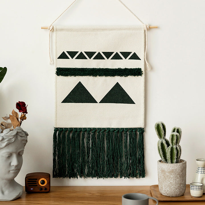 Hand-woven wall hanging and table runner made of cotton blend with geometric staircase pattern and long fringes Stornfield