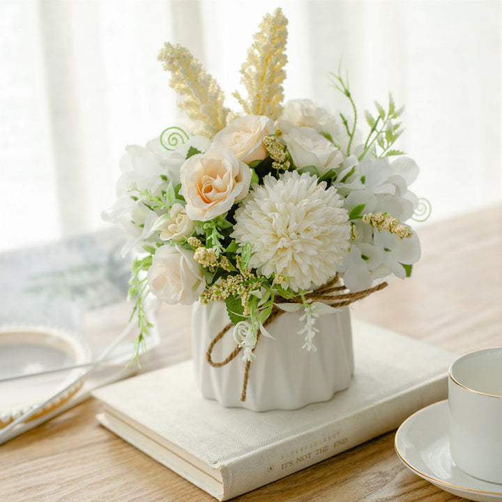 Silk Floral Arrangement in Twine-Wrapped Ceramic Planter Centerpiece