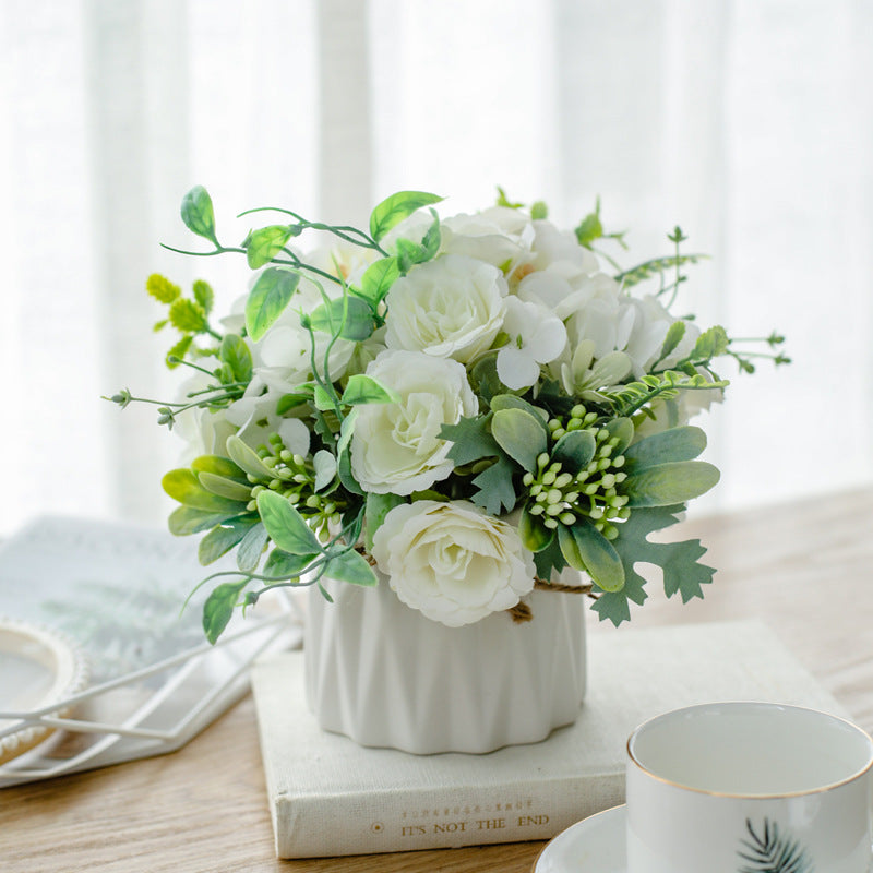 Silk Floral Arrangement in Twine-Wrapped Ceramic Planter Centerpiece