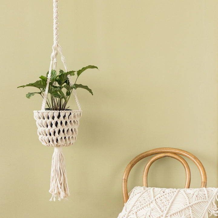 Macrame plant hanger made of cotton rope with tassels and adjustable suspension Stornfield