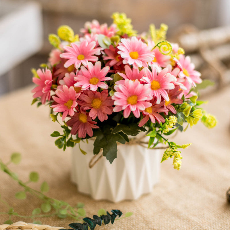 Silk Floral Arrangement in Twine-Wrapped Ceramic Planter Centerpiece