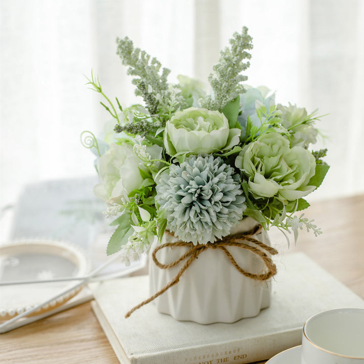Silk Floral Arrangement in Twine-Wrapped Ceramic Planter Centerpiece