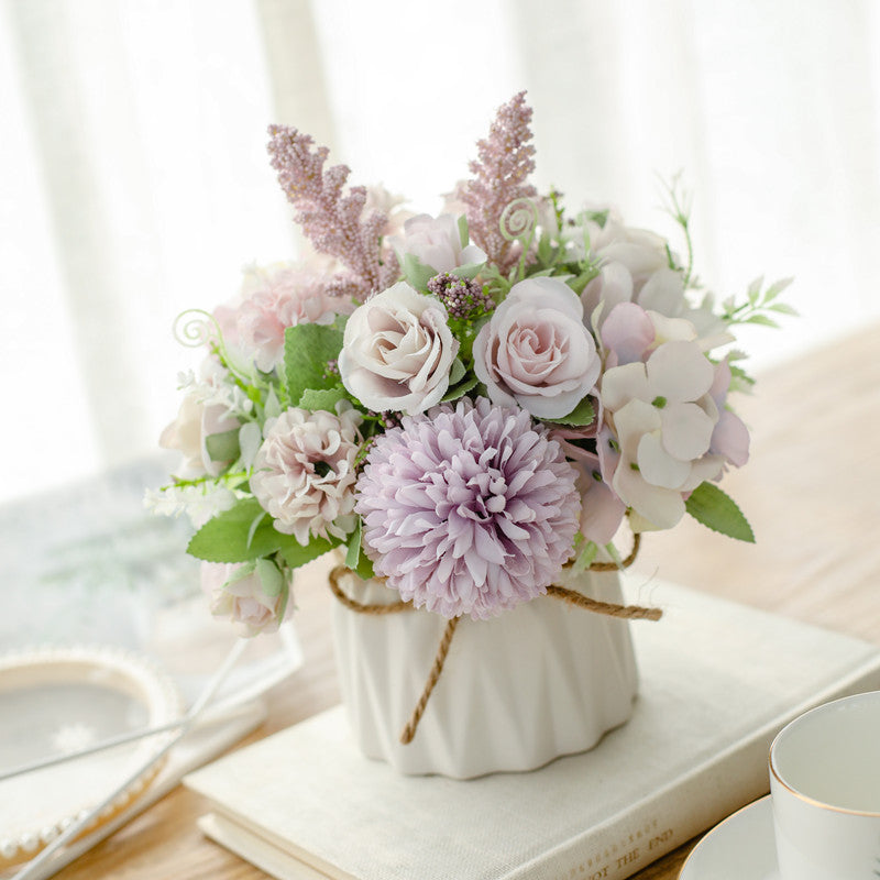 Silk Floral Arrangement in Twine-Wrapped Ceramic Planter Centerpiece