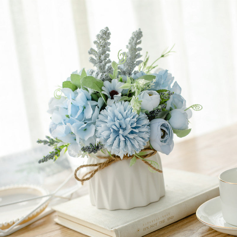 Silk Floral Arrangement in Twine-Wrapped Ceramic Planter Centerpiece