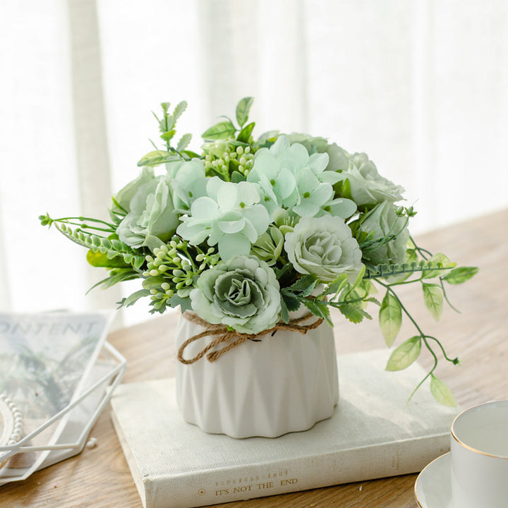 Silk Floral Arrangement in Twine-Wrapped Ceramic Planter Centerpiece