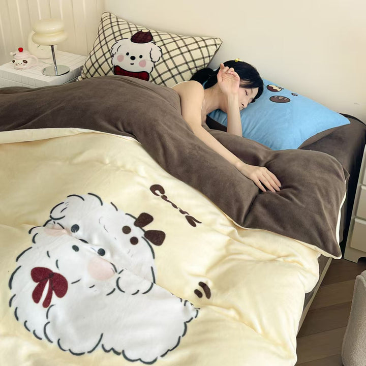 Milk fleece bedding set, cartoon design, warm
