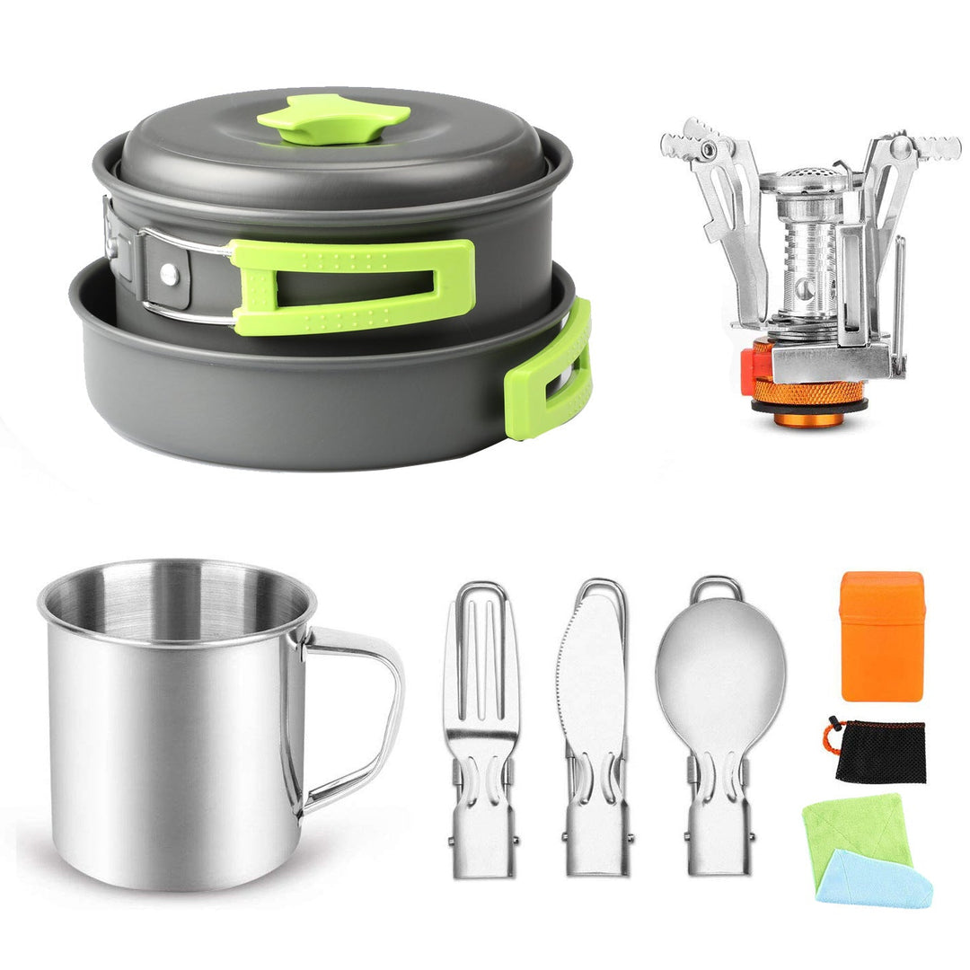 compact foldable camping cookware set with nesting nonstick pots portable folding gas burner stainless mug and folding utensils Stornfield
