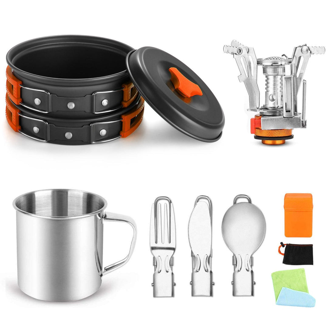 compact foldable camping cookware set with nesting nonstick pots portable folding gas burner stainless mug and folding utensils Stornfield