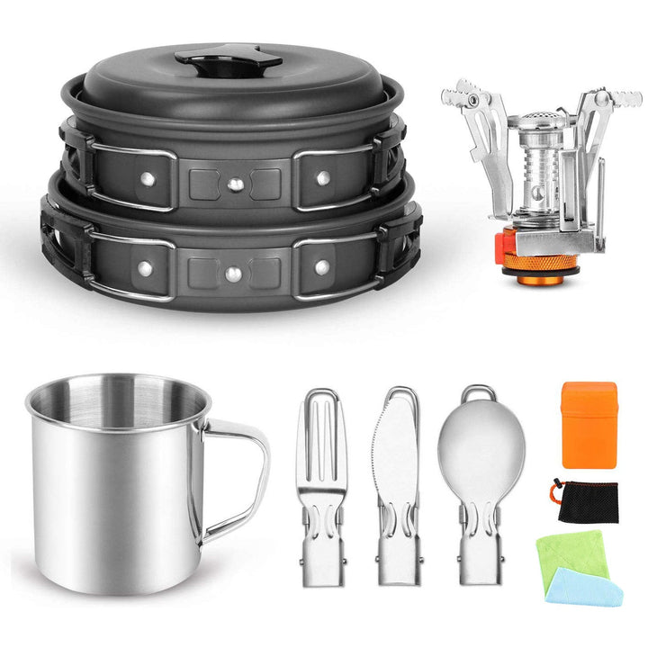 compact foldable camping cookware set with nesting nonstick pots portable folding gas burner stainless mug and folding utensils Stornfield