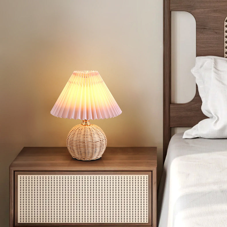 Stornfield | RattaLume Nordic LED Table Lamp | Woven Rattan and Foldable Fabric Lampshade | Ambient Light | Bedroom Decor