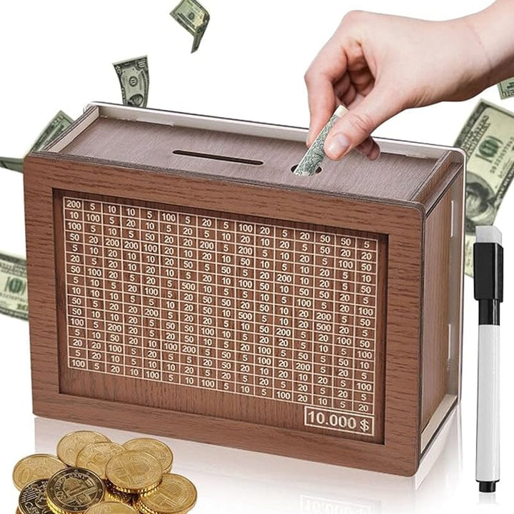 Wooden money box with engraved figures | Stornfield