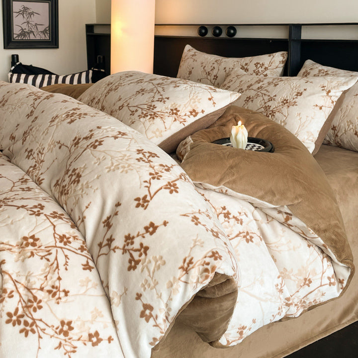 Milk fiber fleece bedding set, winter warm, floral
