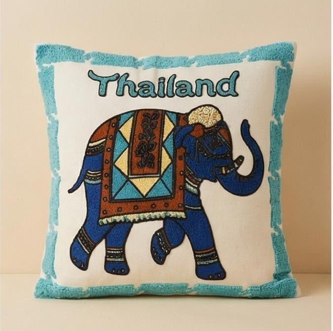 Embroidered cushion cover with elephant design, 45×45 cm