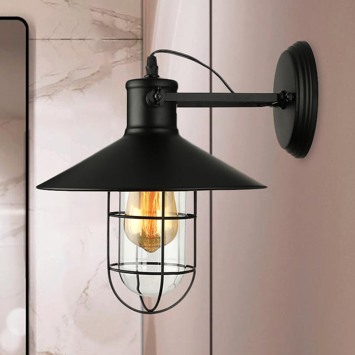 1 Light Clear Glass Wall Sconce Light Traditional Black/Rust Caged Coffee Shop Lighting Fixture | Stornfield