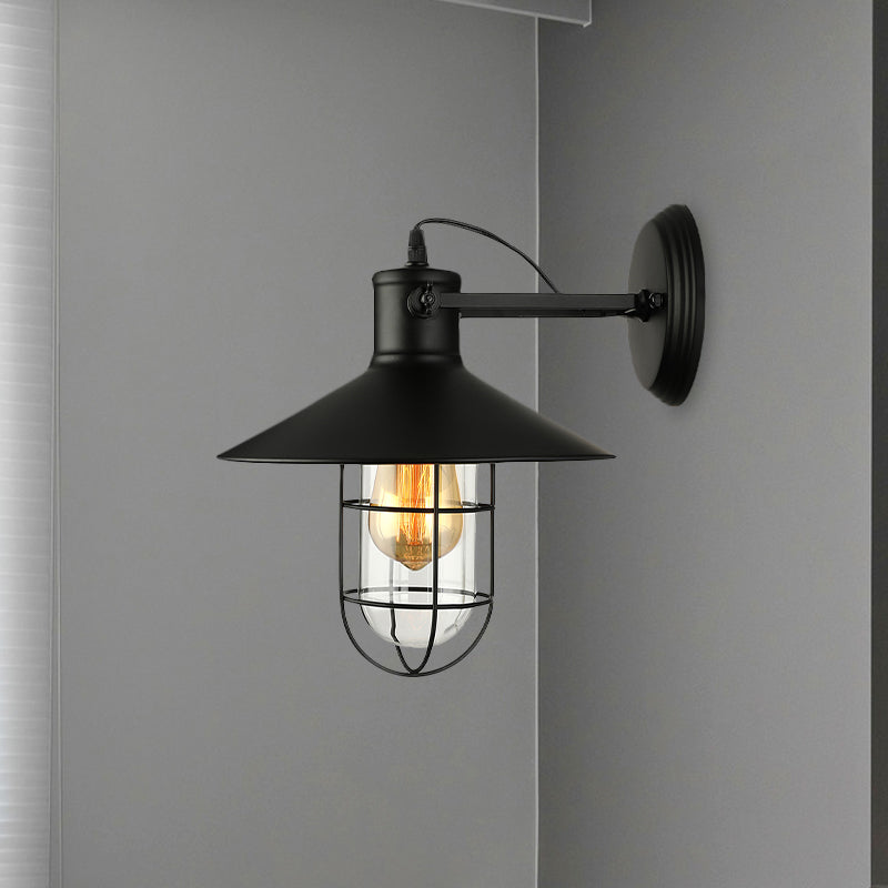 1 Light Clear Glass Wall Sconce Light Traditional Black/Rust Caged Coffee Shop Lighting Fixture | Stornfield