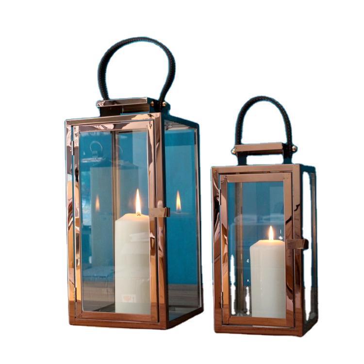 Rectangular Glass Candle Lanterns with Polished Metal Frame and Faux Leather Handle Set Stornfield