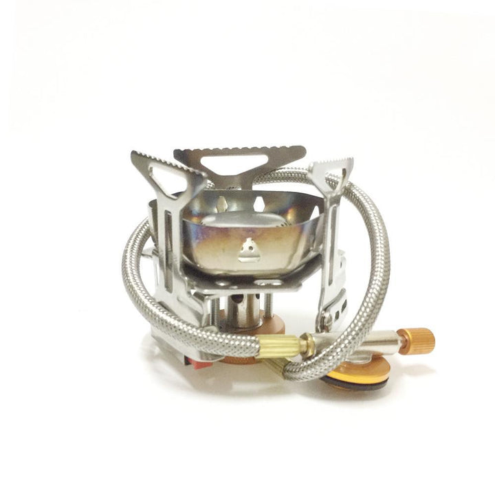 stainless steel folding backpacking gas stove with braided fuel hose and windproof simmer-control regulator Stornfield