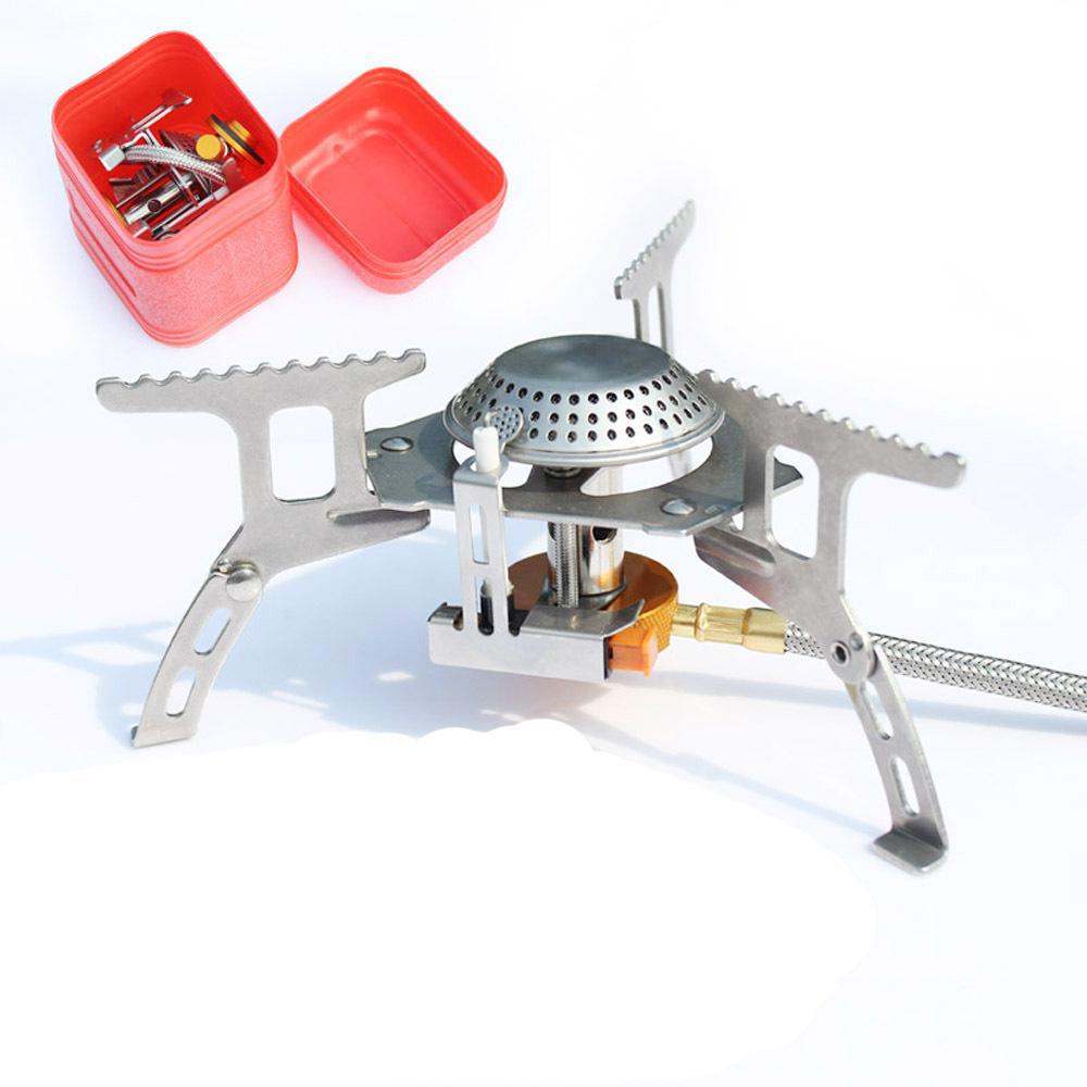 compact foldable backpacking gas stove with braided fuel hose and protective case Stornfield
