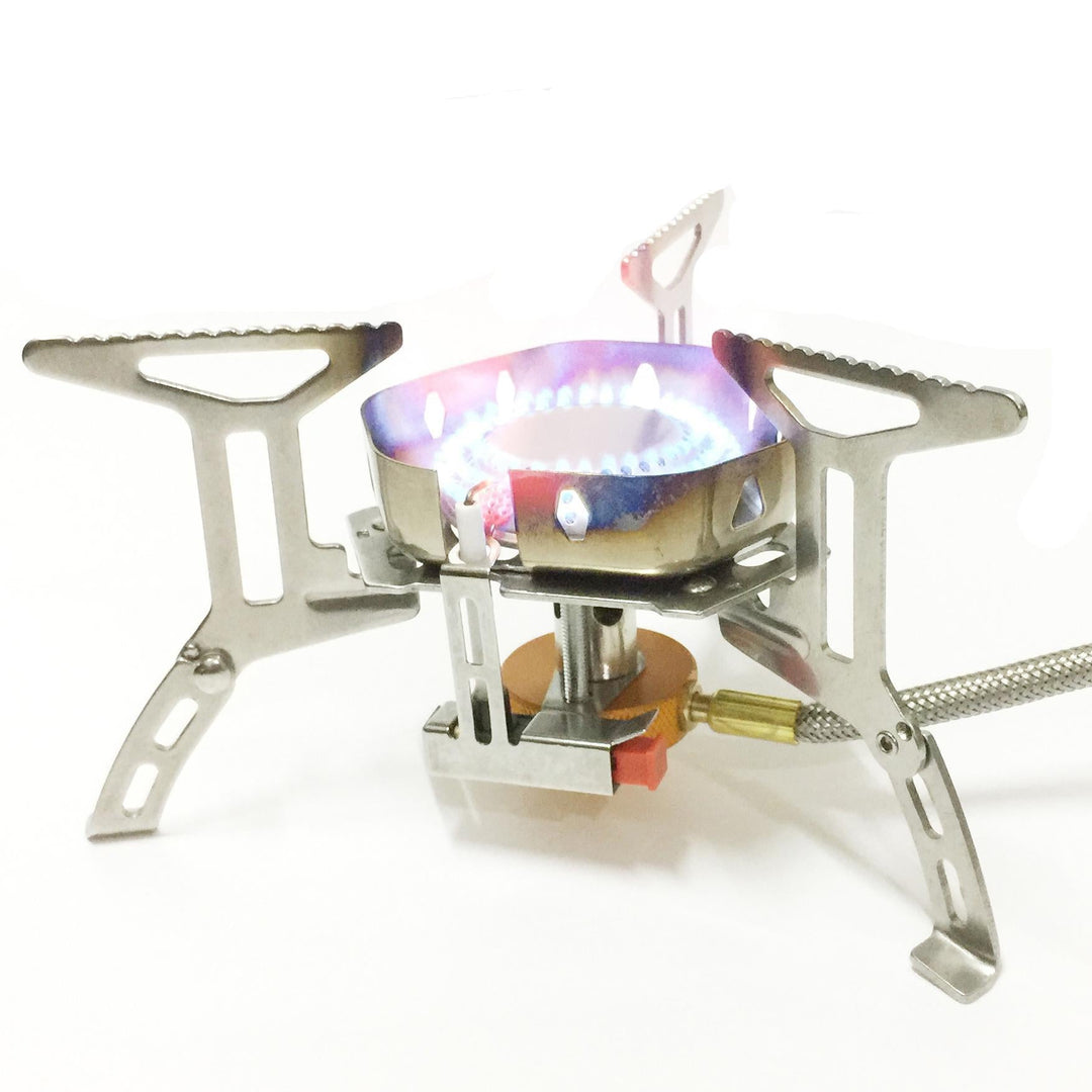 stainless steel folding backpacking gas stove with braided fuel hose and windproof simmer-control regulator Stornfield