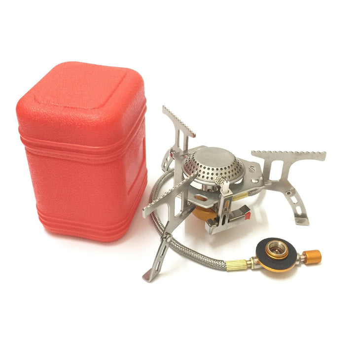 compact foldable backpacking gas stove with braided fuel hose and protective case Stornfield