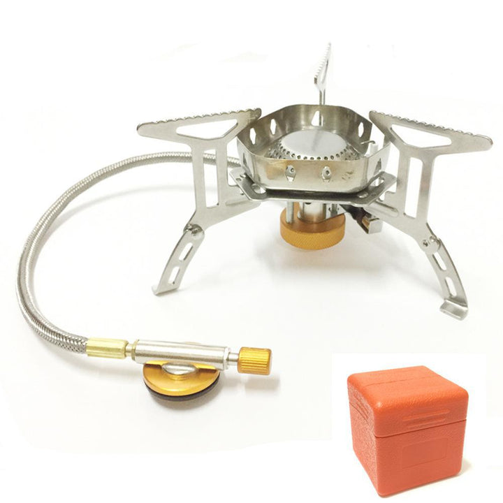 stainless steel folding backpacking gas stove with braided fuel hose and windproof simmer-control regulator Stornfield