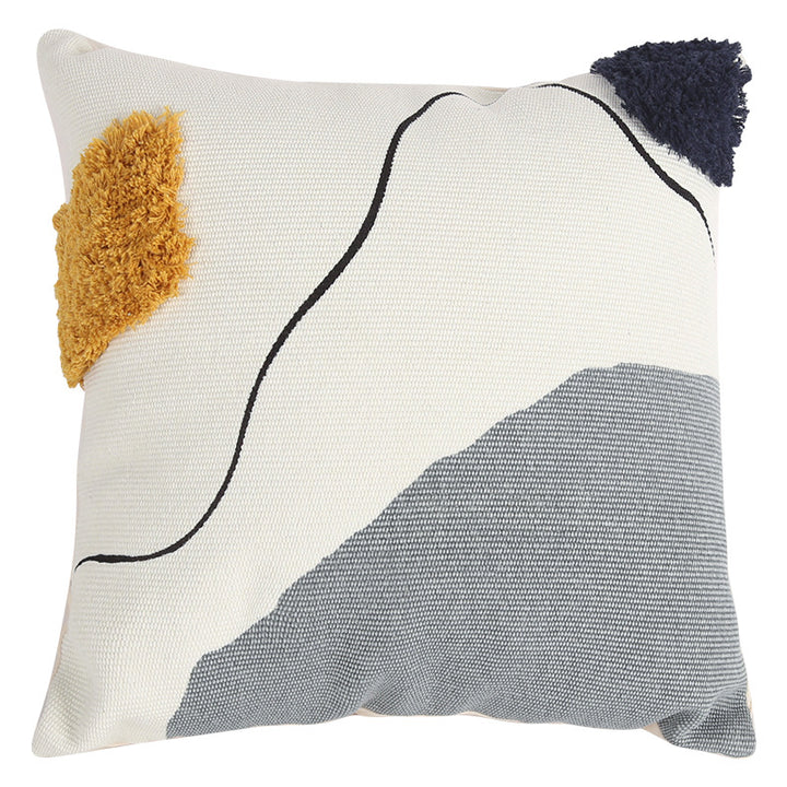 Woven decorative cushion cover in an abstract-minimalist Scandi look with hand-tufted applications
