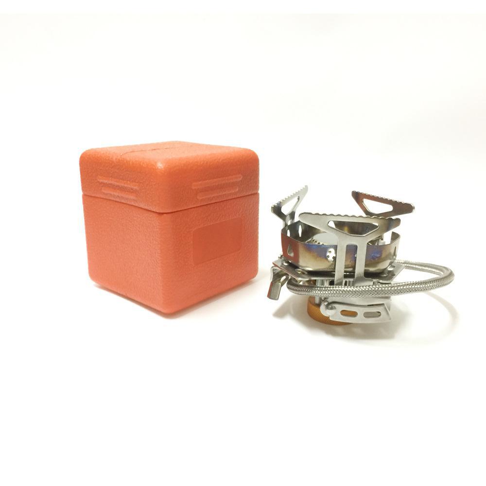 stainless steel folding backpacking gas stove with braided fuel hose and windproof simmer-control regulator Stornfield