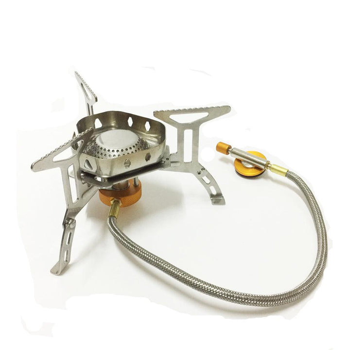 stainless steel folding backpacking gas stove with braided fuel hose and windproof simmer-control regulator Stornfield