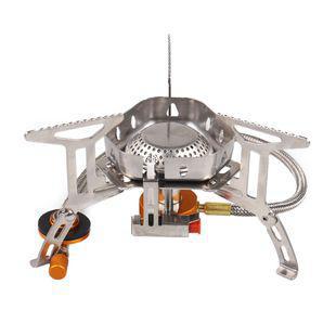 stainless steel folding backpacking gas stove with braided fuel hose and windproof simmer-control regulator Stornfield
