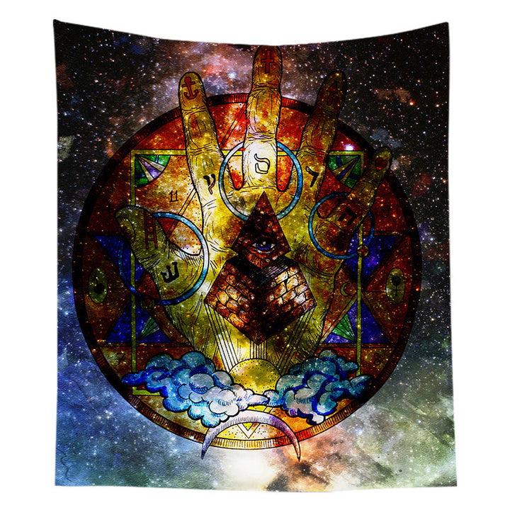 Mystical Celestial Wall Tapestry with Esoteric Hand and All-Seeing Eye Print