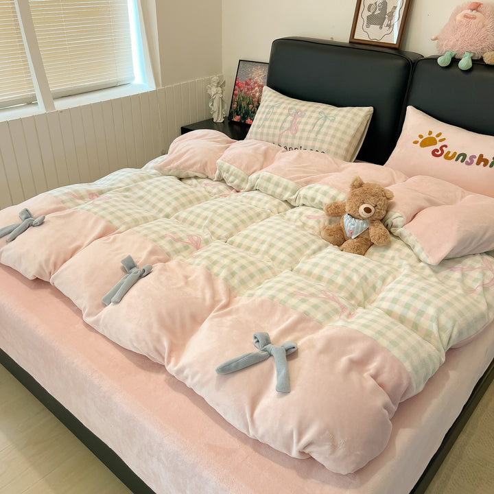 Milk fiber fleece bedding set with bow design