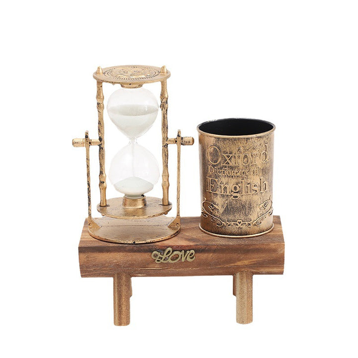 Retro pencil holder with hourglass and light