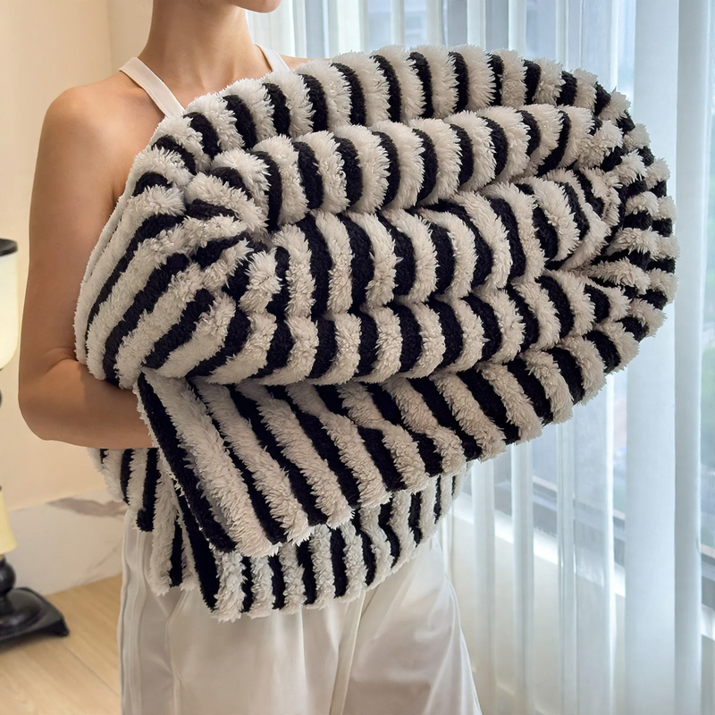 Modern milk fiber fleece throw blanket, striped, various sizes