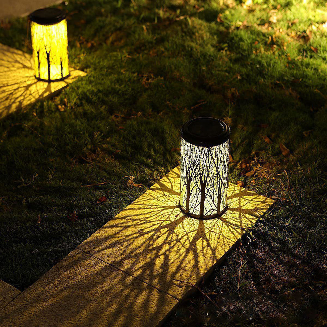 Modern Art Deco Solar Cylinder Skeleton Lantern Iron LED Outdoor Landscape Light For Garden | Stornfield