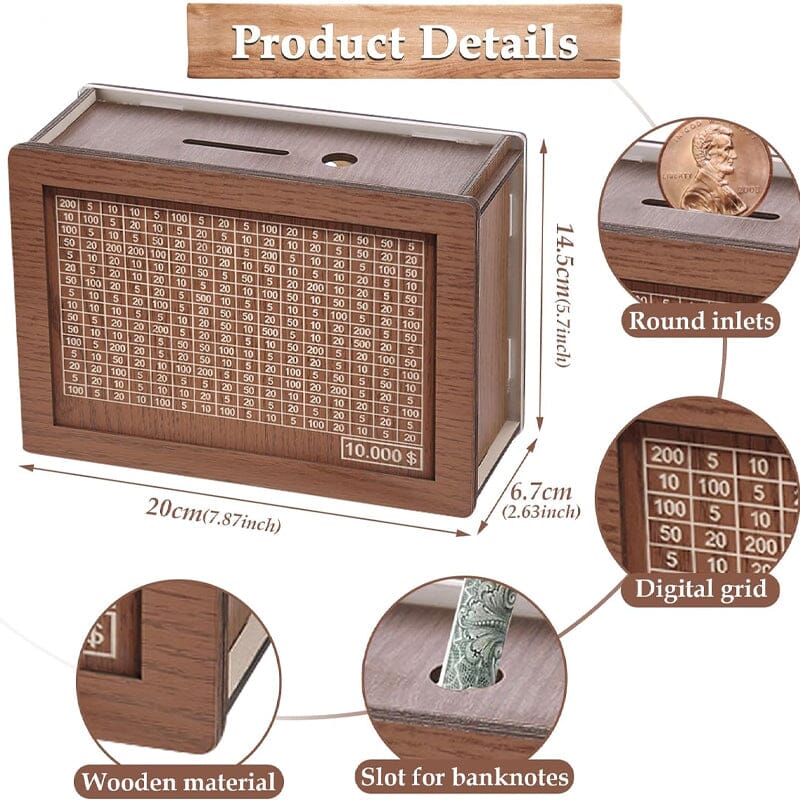 Wooden money box with engraved figures | Stornfield