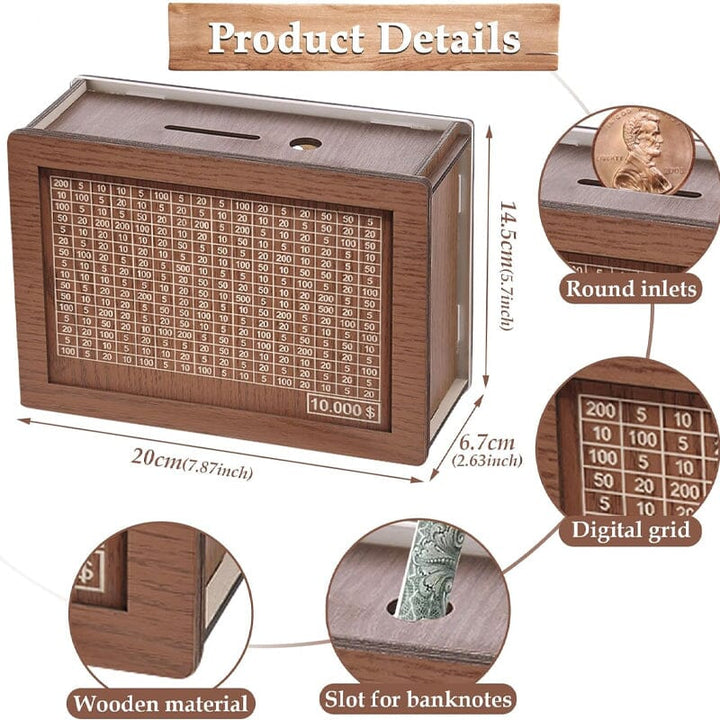 Wooden money box with engraved figures | Stornfield