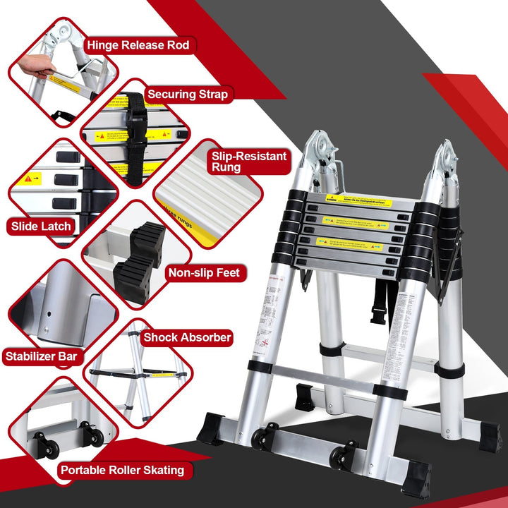 5M Aluminum Telescopic Ladder Folding Ladder with Wheels and Triangle Stabilizer | Stornfield