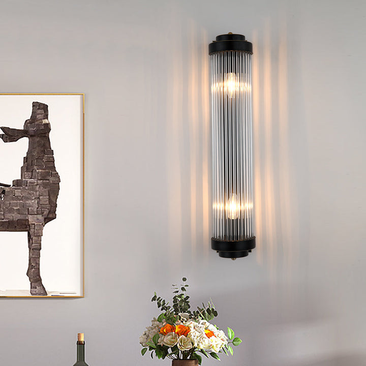 Pipe Wall Mounted Lamp Modern Style Clear Crystal and Metal 2 Lights Sconce Fixture in Black for Bedside | Stornfield