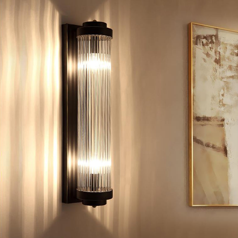 Pipe Wall Mounted Lamp Modern Style Clear Crystal and Metal 2 Lights Sconce Fixture in Black for Bedside | Stornfield