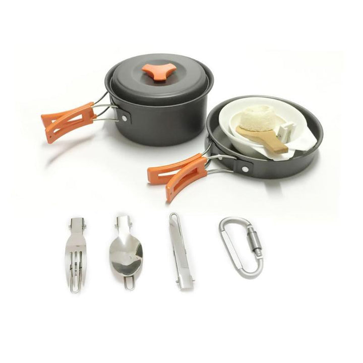 lightweight portable camping cookware set with nonstick nesting pots pans foldable handles and compact utensil kit Stornfield