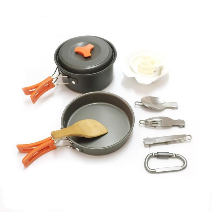 lightweight portable camping cookware set with nonstick nesting pots pans foldable handles and compact utensil kit Stornfield