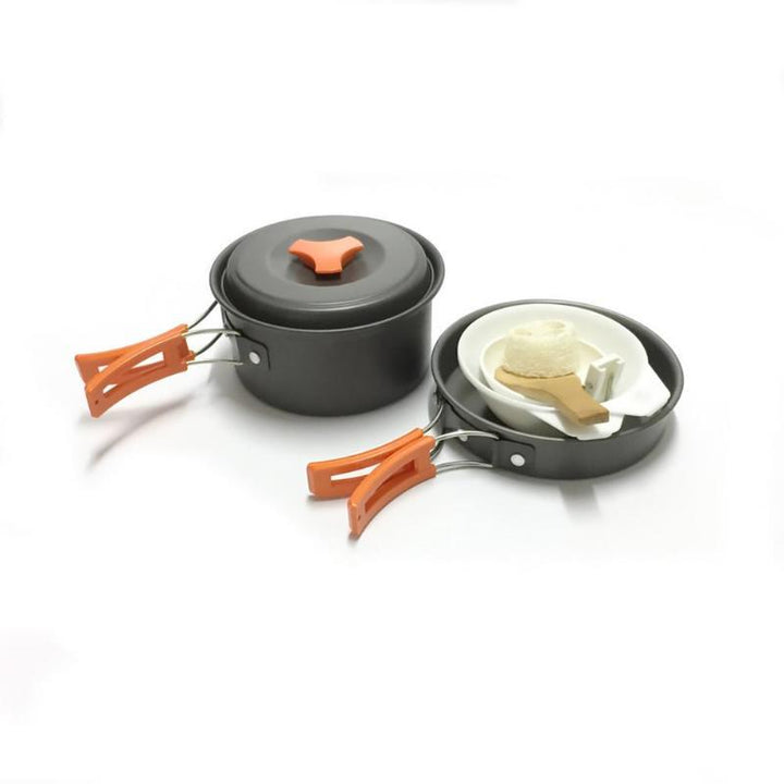 lightweight portable camping cookware set with nonstick nesting pots pans foldable handles and compact utensil kit Stornfield