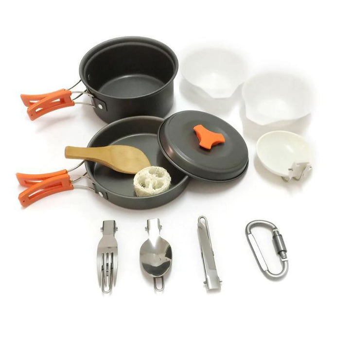 lightweight portable camping cookware set with nonstick nesting pots pans foldable handles and compact utensil kit Stornfield