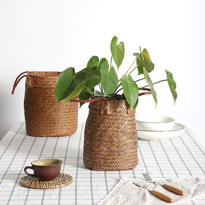 Unisex Handwoven Storage Basket with Leather Handles Stornfield