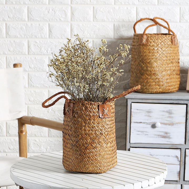 Unisex Handwoven Storage Basket with Leather Handles Stornfield